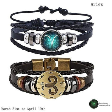 Zodiac Constellation 2 Bracelets Set - Luminous Charm Leather Bracelet + Gold Color Charm Leather Bracelet-Your Soul Place